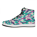 Pastel Teal And Purple Camouflage Print High Top Leather Sneakers