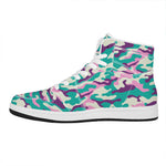 Pastel Teal And Purple Camouflage Print High Top Leather Sneakers