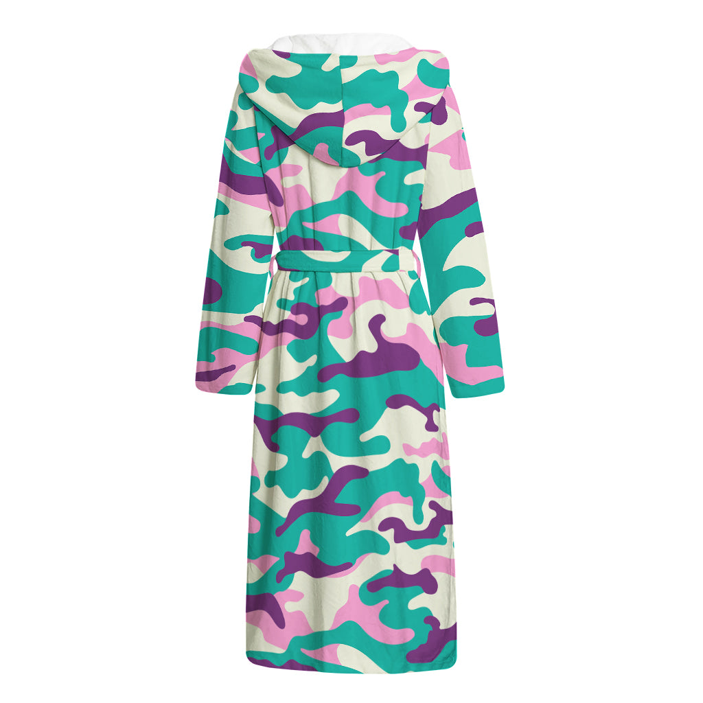 Pastel Teal And Purple Camouflage Print Hooded Bathrobe