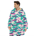 Pastel Teal And Purple Camouflage Print Hoodie Blanket