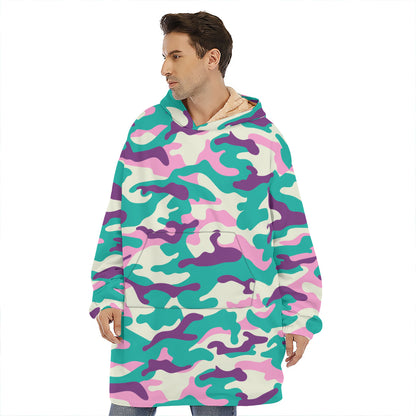 Pastel Teal And Purple Camouflage Print Hoodie Blanket