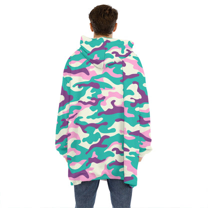Pastel Teal And Purple Camouflage Print Hoodie Blanket