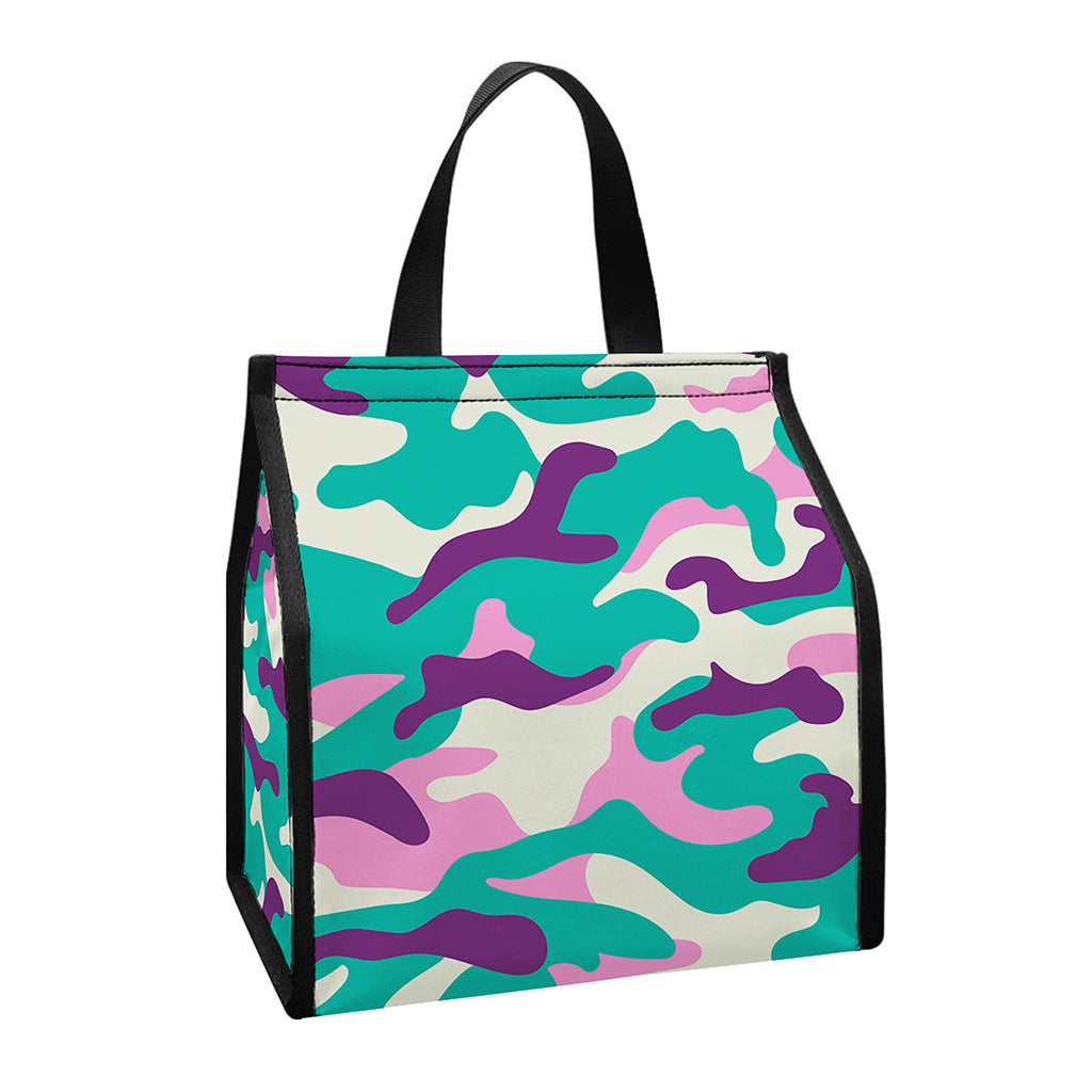 Pastel Teal And Purple Camouflage Print Insulated Lunch Tote