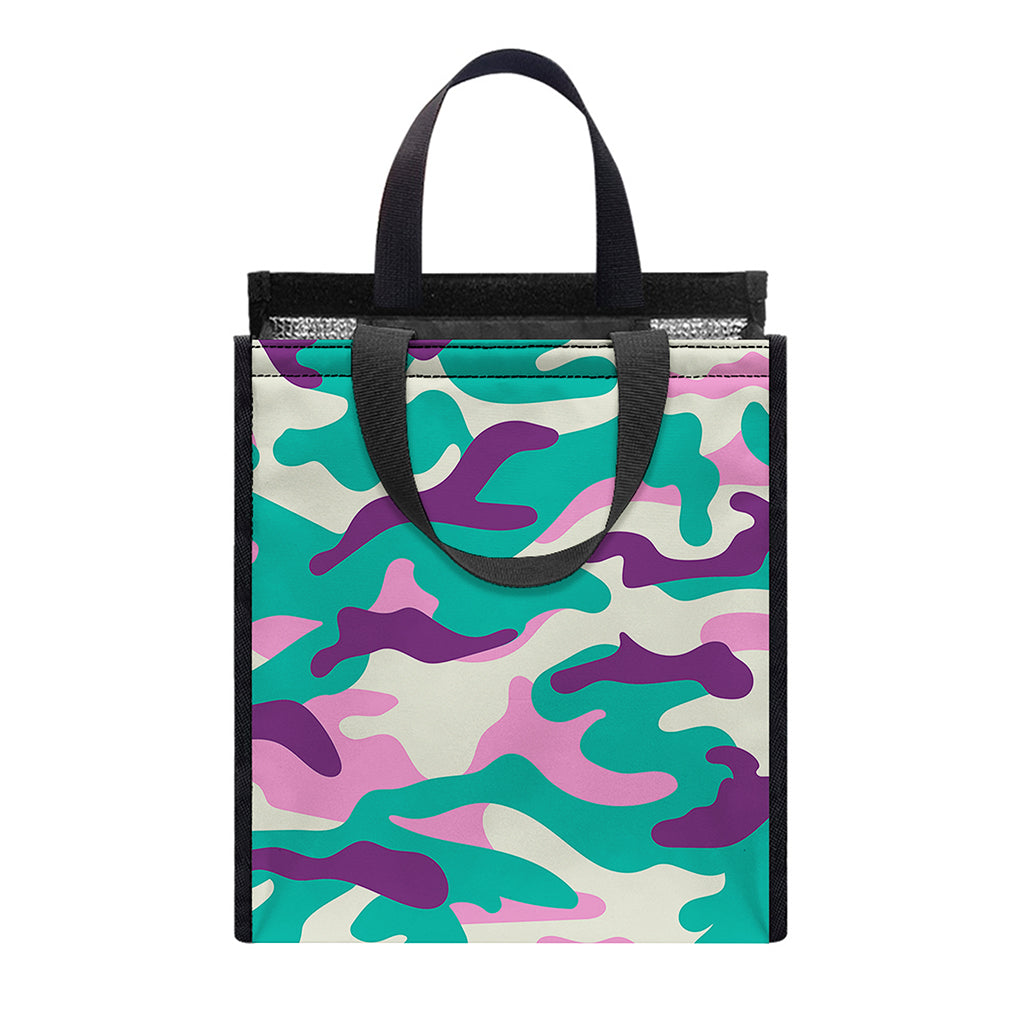 Pastel Teal And Purple Camouflage Print Insulated Lunch Tote