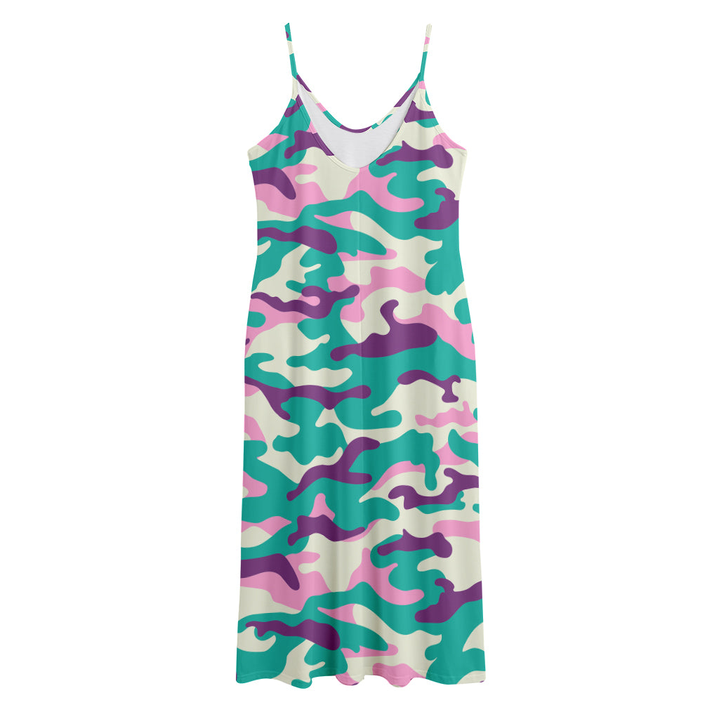 Pastel Teal And Purple Camouflage Print Jersey Midi Cami Dress