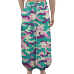 Pastel Teal And Purple Camouflage Print Lantern Pants