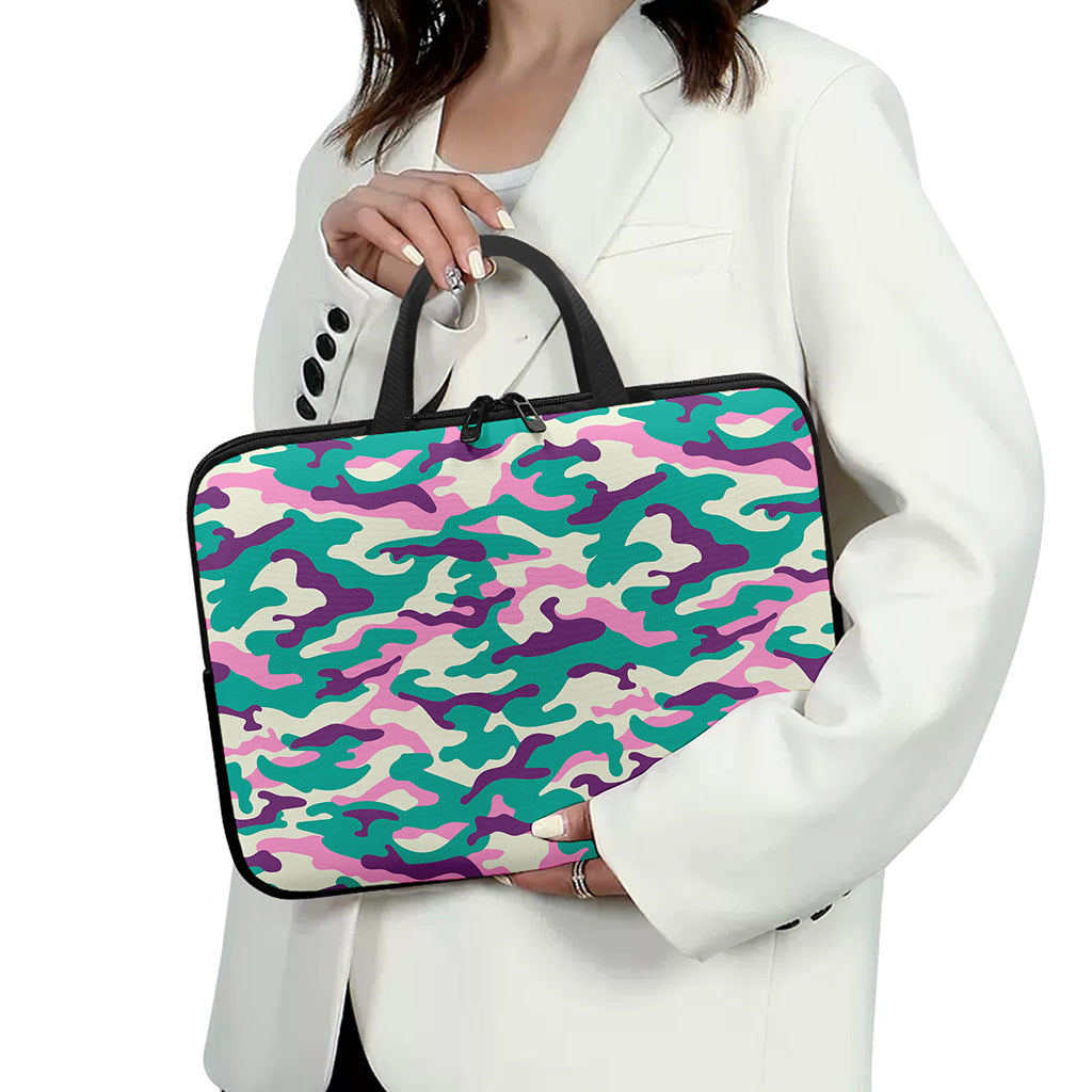 Pastel Teal And Purple Camouflage Print Laptop Sleeve With Handle