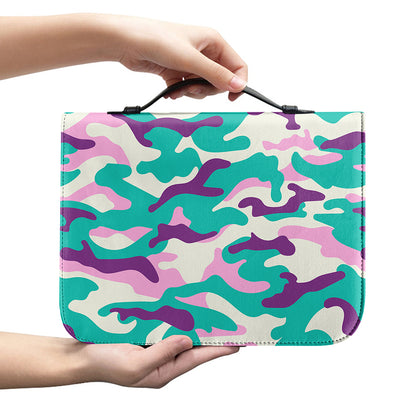 Pastel Teal And Purple Camouflage Print Leather Bible Cover