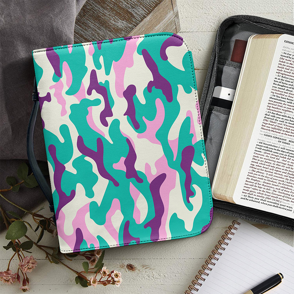 Pastel Teal And Purple Camouflage Print Leather Bible Cover