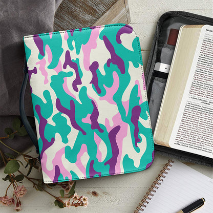Pastel Teal And Purple Camouflage Print Leather Bible Cover