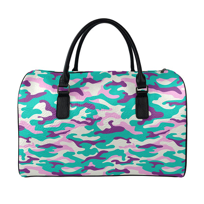 Pastel Teal And Purple Camouflage Print Leather Duffle Bag