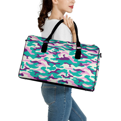 Pastel Teal And Purple Camouflage Print Leather Duffle Bag