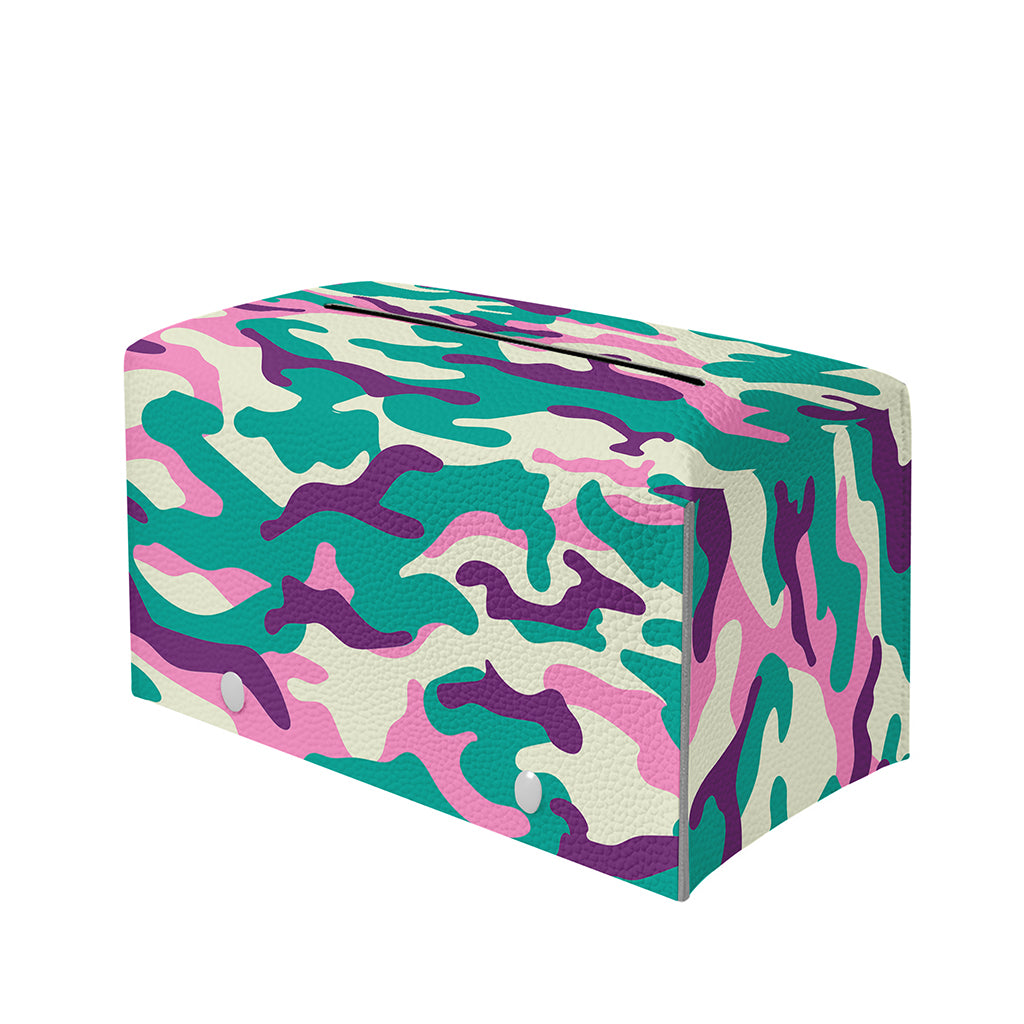 Pastel Teal And Purple Camouflage Print Leather Tissue Box Cover
