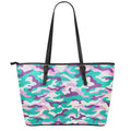 Pastel Teal And Purple Camouflage Print Leather Tote Bag With Zipper