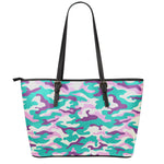 Pastel Teal And Purple Camouflage Print Leather Tote Bag