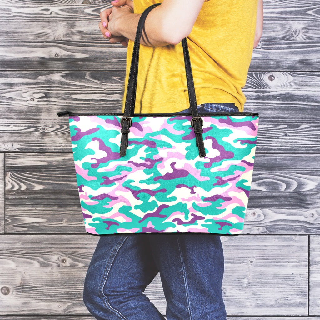 Pastel Teal And Purple Camouflage Print Leather Tote Bag