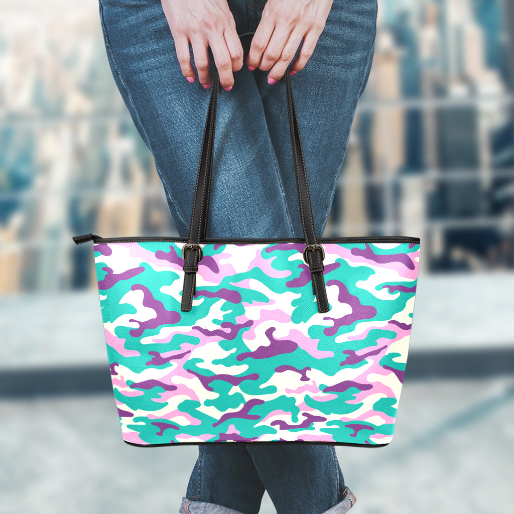 Pastel Teal And Purple Camouflage Print Leather Tote Bag