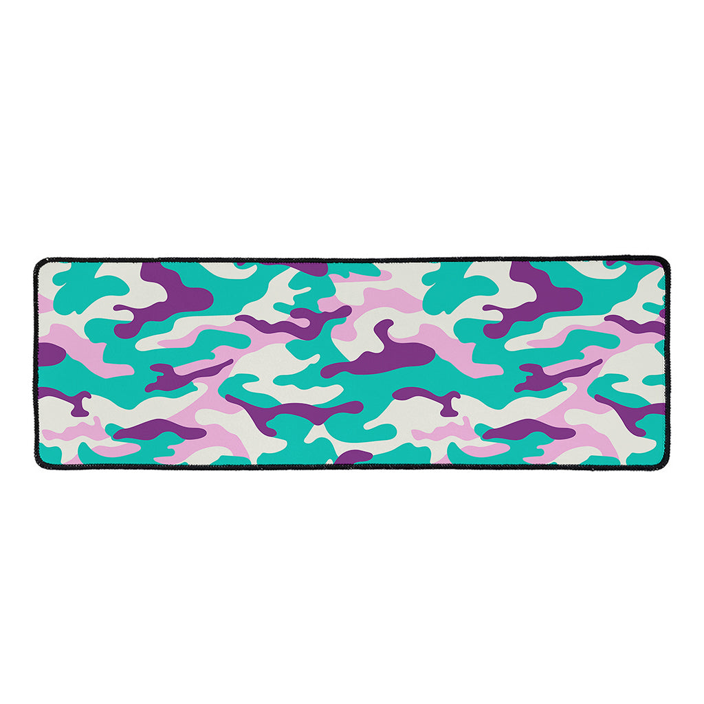 Pastel Teal And Purple Camouflage Print Long Kitchen Mat