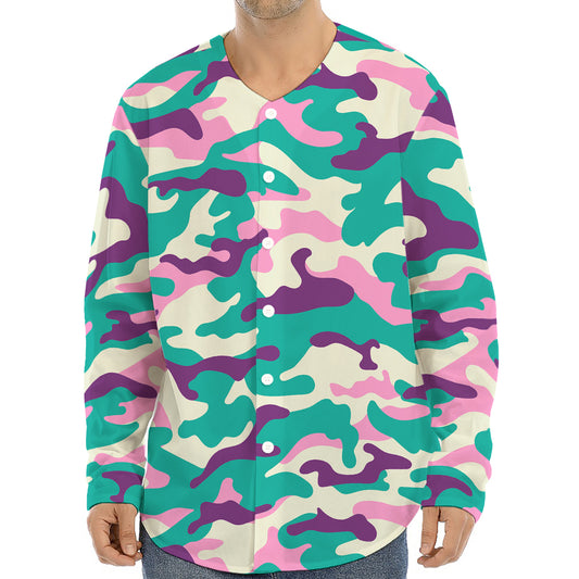 Pastel Teal And Purple Camouflage Print Long Sleeve Baseball Jersey