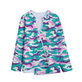 Pastel Teal And Purple Camouflage Print Long Sleeve Short Coat