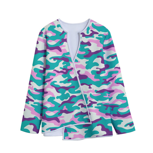 Pastel Teal And Purple Camouflage Print Long Sleeve Short Coat