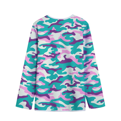 Pastel Teal And Purple Camouflage Print Long Sleeve Short Coat