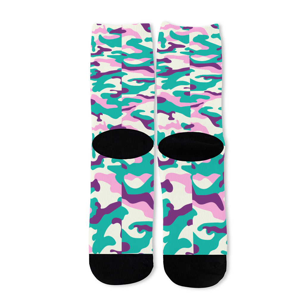 Pastel Teal And Purple Camouflage Print Long Socks