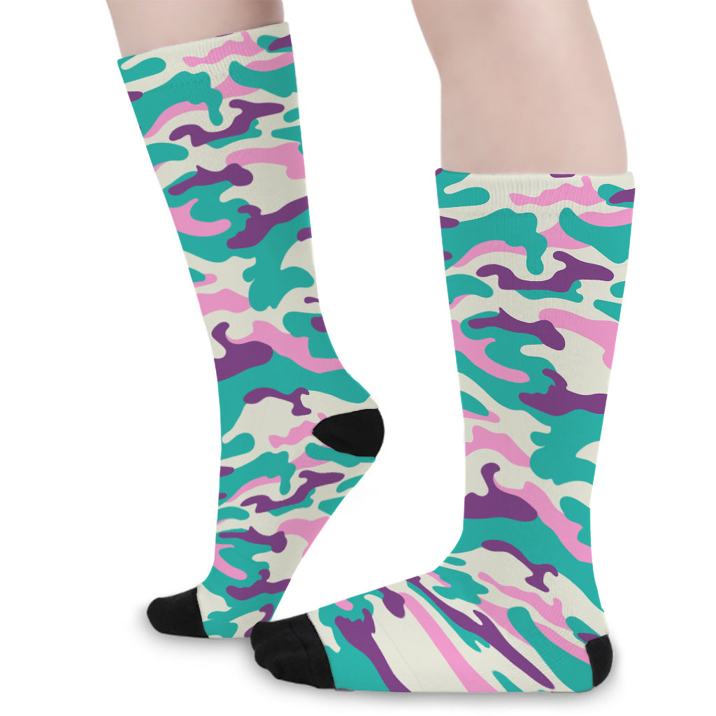 Pastel Teal And Purple Camouflage Print Long Socks