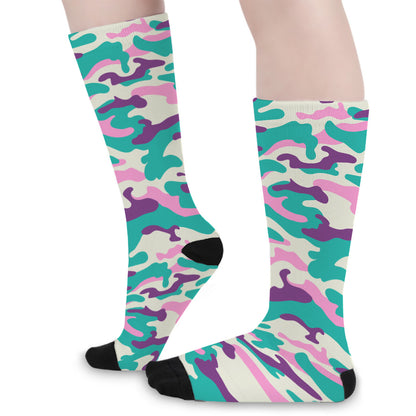 Pastel Teal And Purple Camouflage Print Long Socks