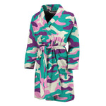 Pastel Teal And Purple Camouflage Print Men's Bathrobe