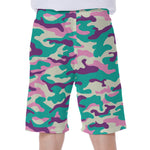 Pastel Teal And Purple Camouflage Print Men's Beach Shorts