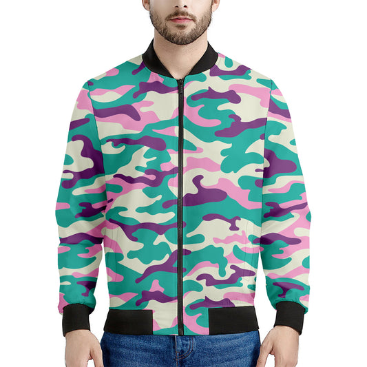 Pastel Teal And Purple Camouflage Print Men's Bomber Jacket