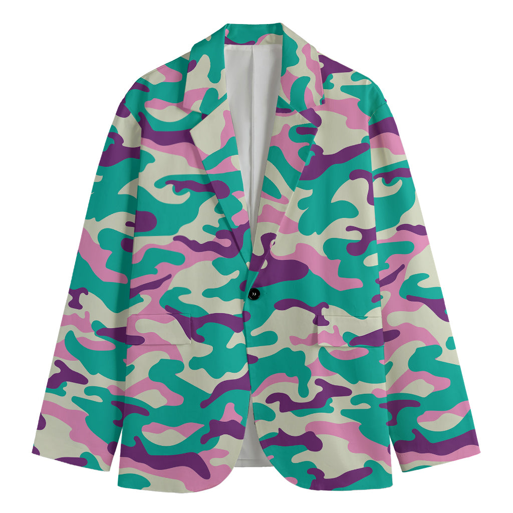 Pastel Teal And Purple Camouflage Print Men's Cotton Blazer