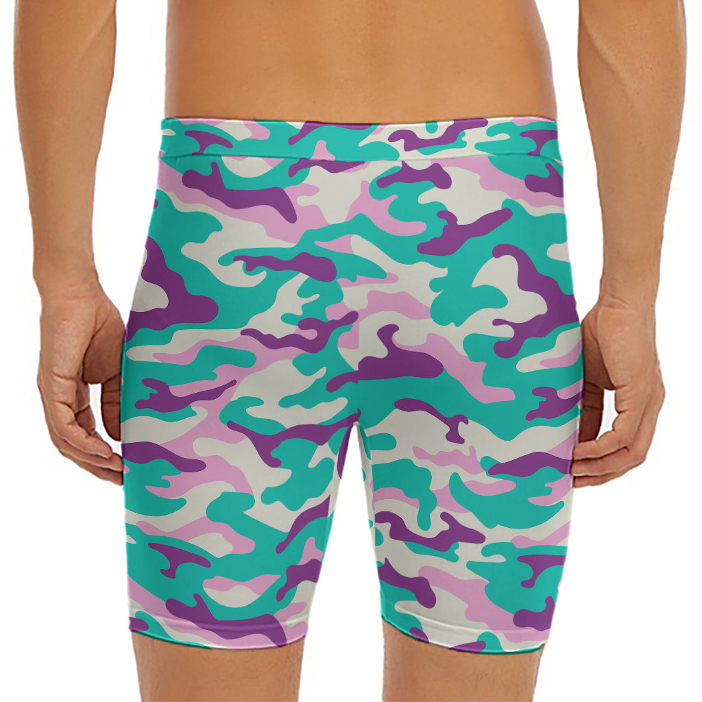 Pastel Teal And Purple Camouflage Print Men's Long Boxer Briefs