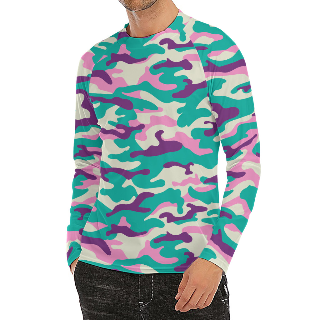 Pastel Teal And Purple Camouflage Print Men's Long Sleeve Rash Guard