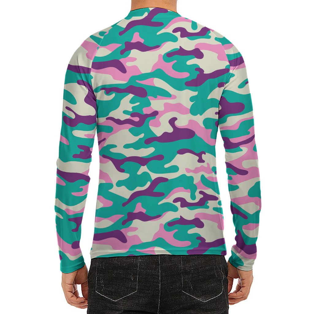 Pastel Teal And Purple Camouflage Print Men's Long Sleeve Rash Guard