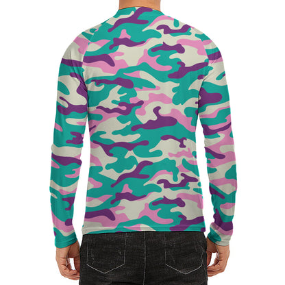 Pastel Teal And Purple Camouflage Print Men's Long Sleeve Rash Guard