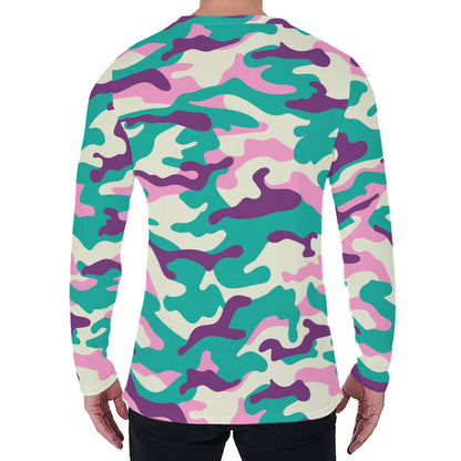 Pastel Teal And Purple Camouflage Print Men's Long Sleeve T-Shirt