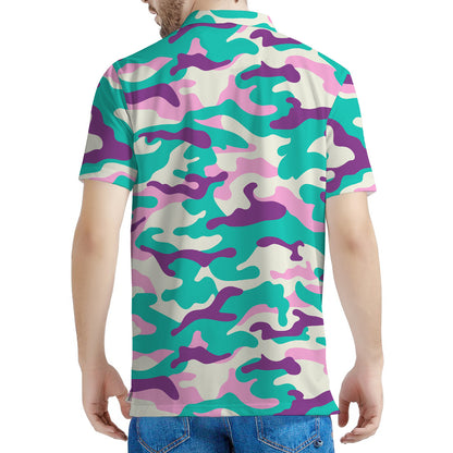 Pastel Teal And Purple Camouflage Print Men's Polo Shirt