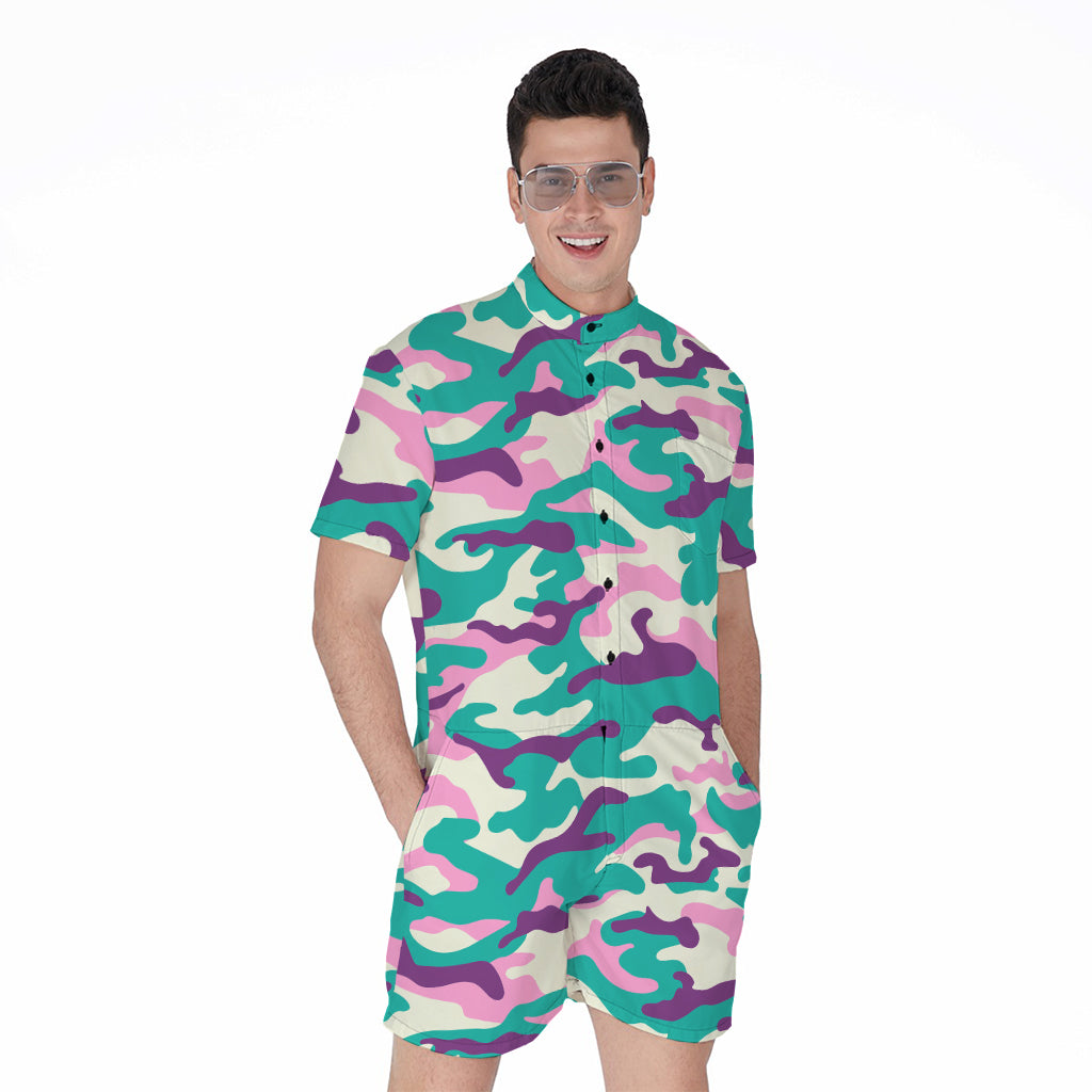 Pastel Teal And Purple Camouflage Print Men's Rompers