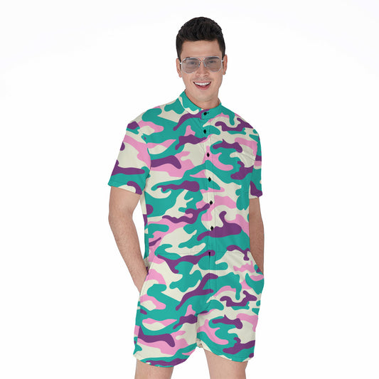 Pastel Teal And Purple Camouflage Print Men's Rompers