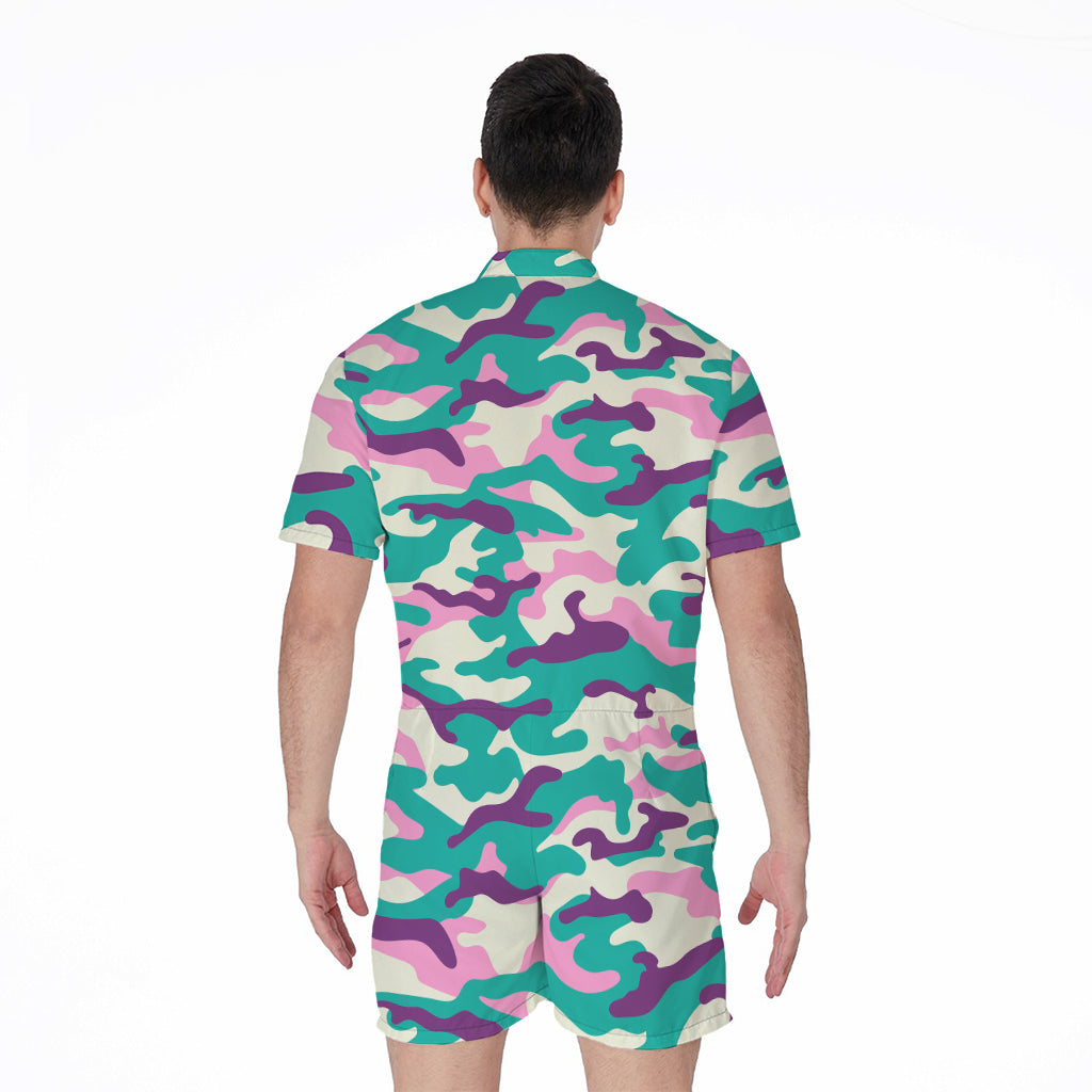 Pastel Teal And Purple Camouflage Print Men's Rompers