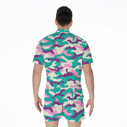Pastel Teal And Purple Camouflage Print Men's Rompers