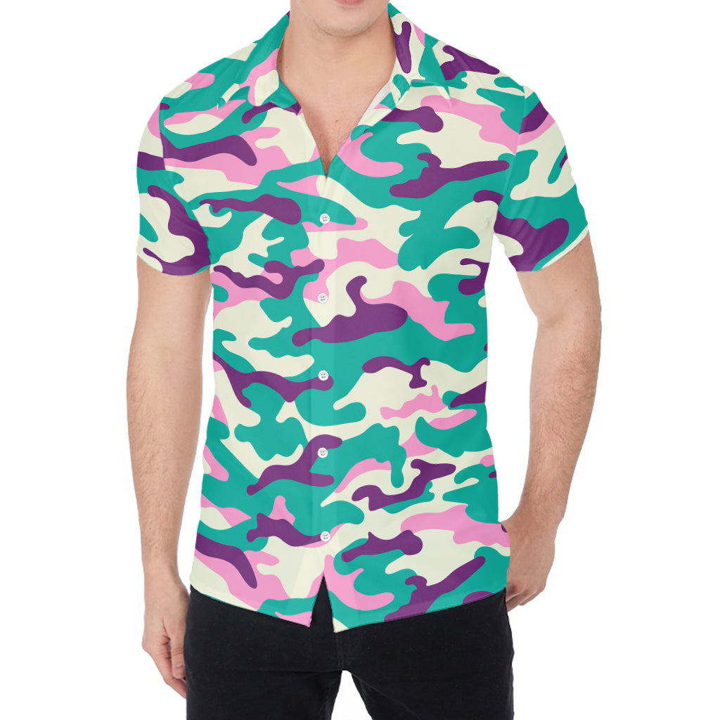 Pastel Teal And Purple Camouflage Print Men's Shirt