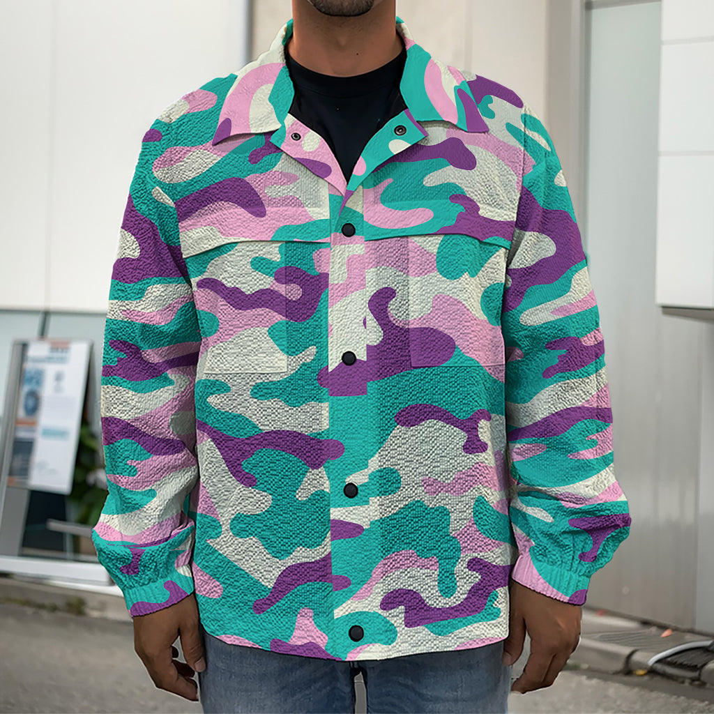 Pastel Teal And Purple Camouflage Print Men's Shirt Jacket