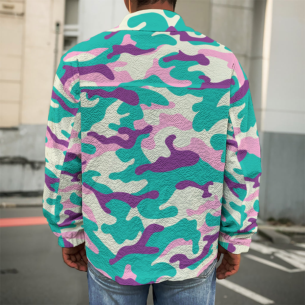 Pastel Teal And Purple Camouflage Print Men's Shirt Jacket