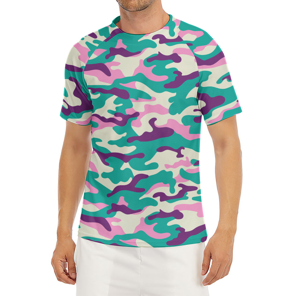 Pastel Teal And Purple Camouflage Print Men's Short Sleeve Rash Guard