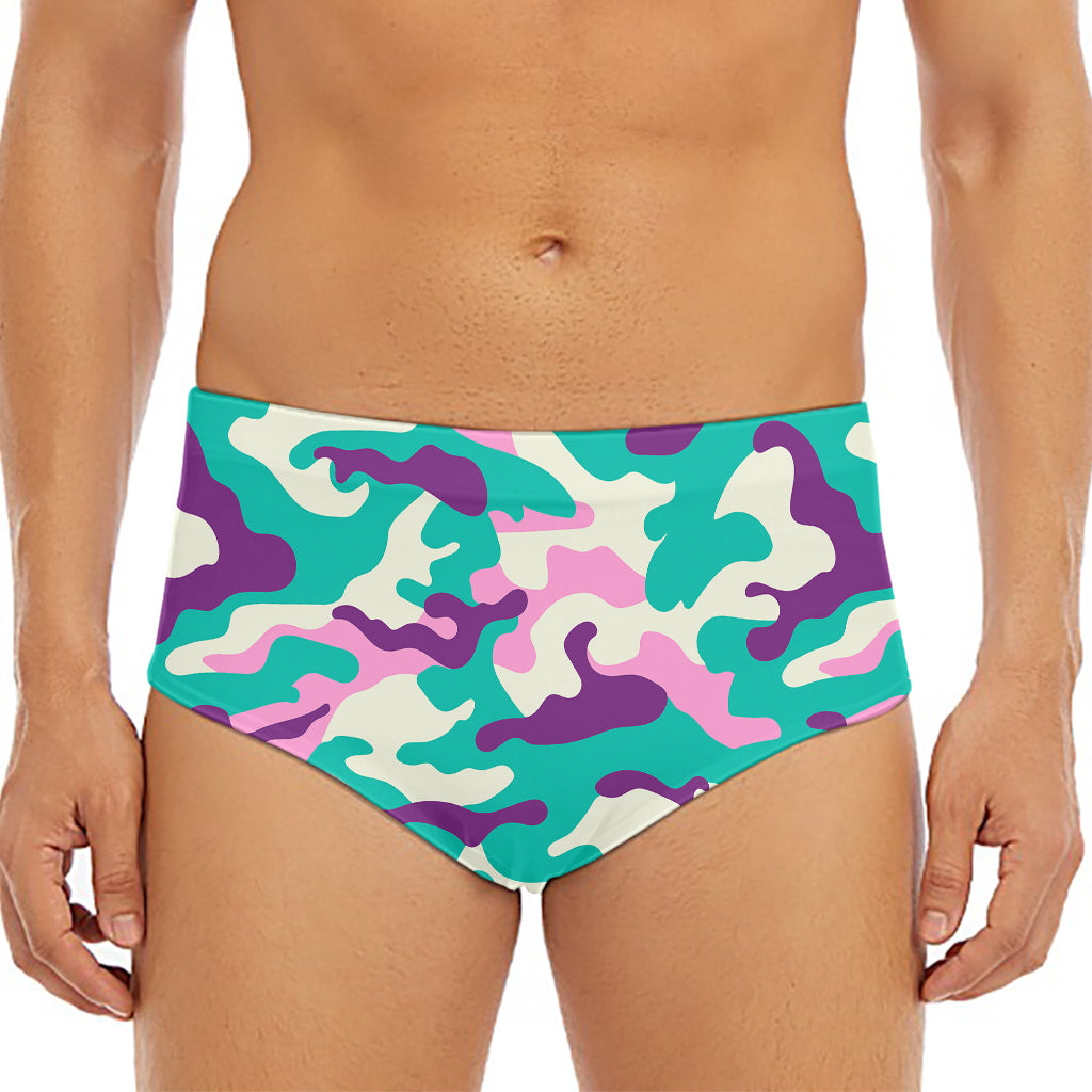 Pastel Teal And Purple Camouflage Print Men's Triangle Swim Briefs