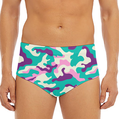 Pastel Teal And Purple Camouflage Print Men's Triangle Swim Briefs