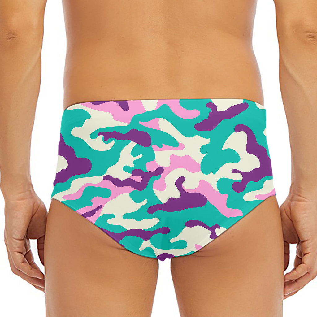 Pastel Teal And Purple Camouflage Print Men's Triangle Swim Briefs